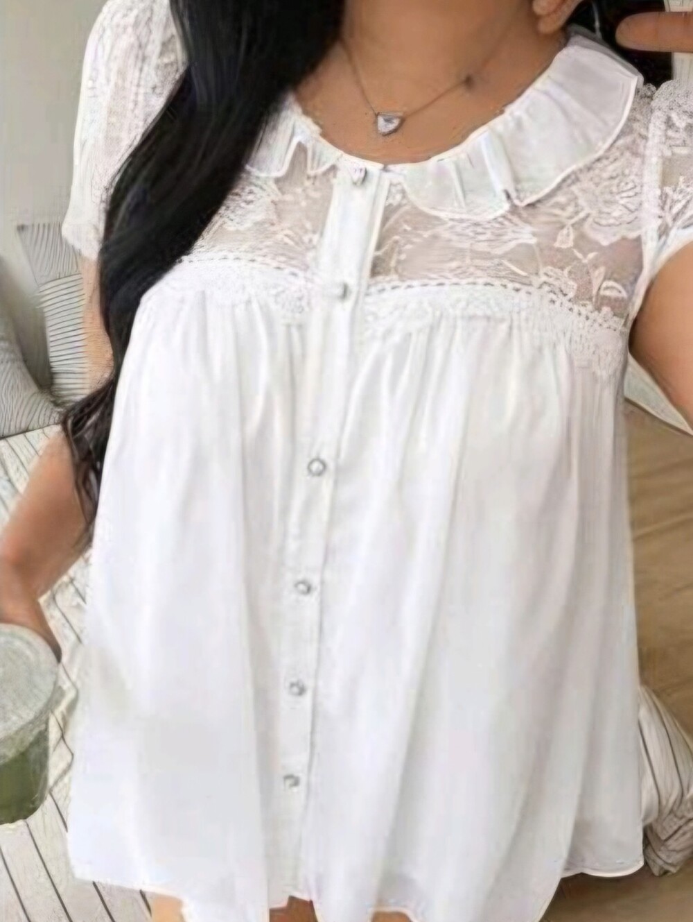 Women’s White Lace Yoke Button-Front Top